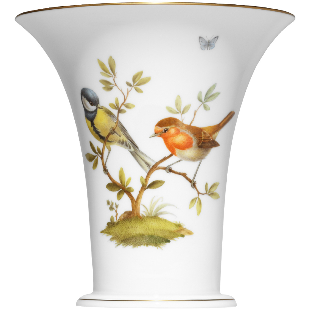 "Chalice vase" Bird painting, rich with a fine gold rim